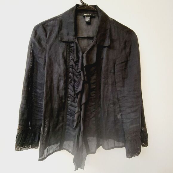 DKNY Black Ruffled Lace Inserts Buttons Down Women Blouse Size 4 - Picture 2 of 9